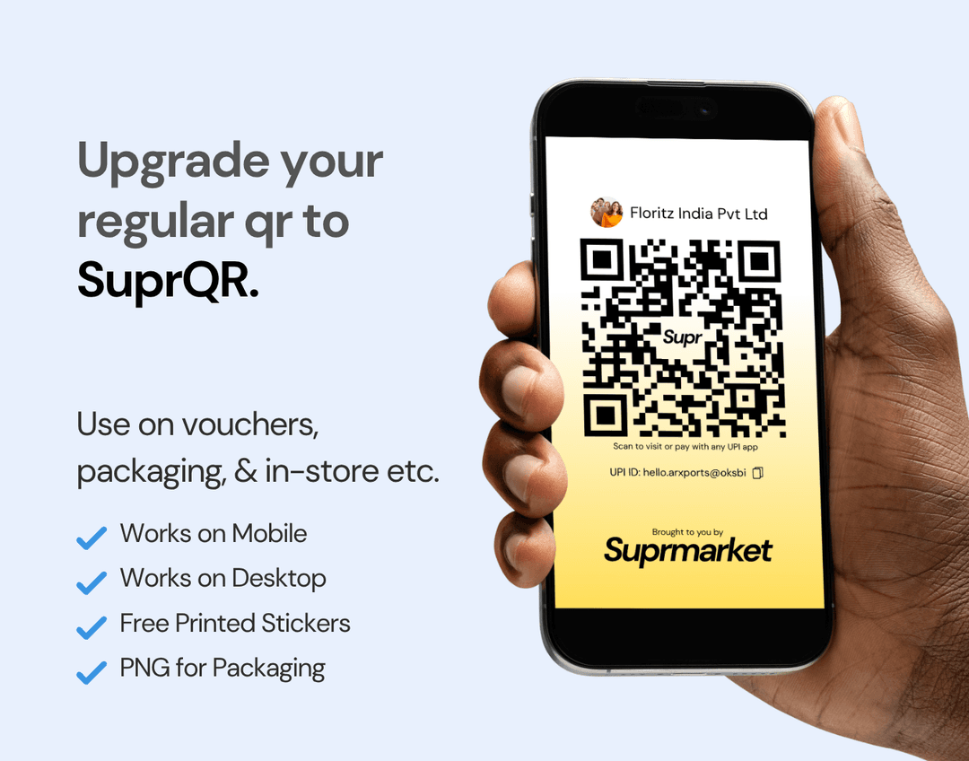 SuprQR code on a phone screen with feature highlights